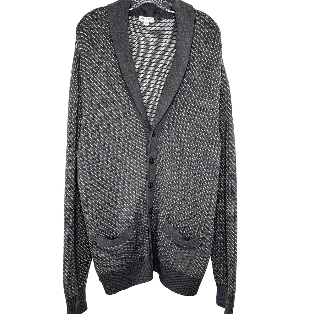 Merona Women's Sweater Button Down Grey/White Long Sleeves Cardigan Size XL